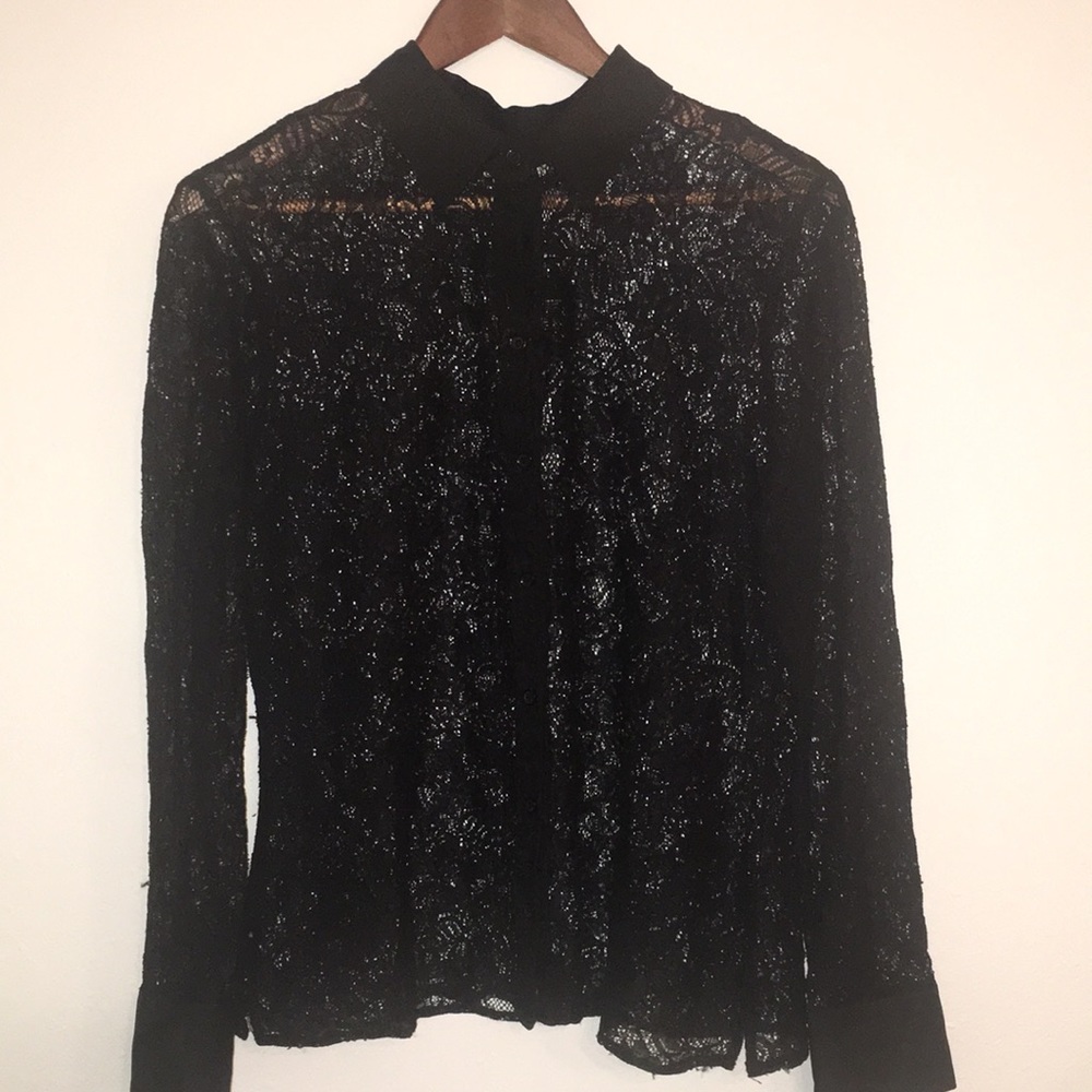 EVA MENDES BLACK LACE BUTTON UP BLOUSE